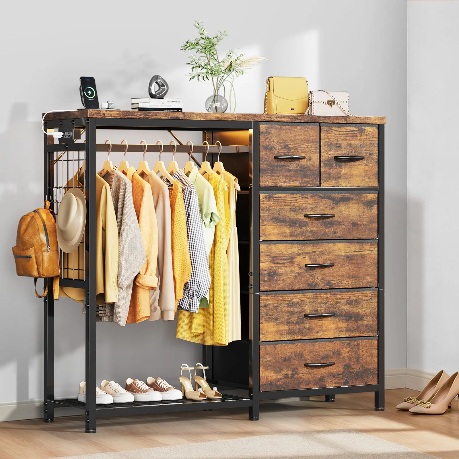 Heavy Duty 4-Drawer Fabric Storage Shelf with Hanging Rail – Sturdy Metal Frame Wardrobe Organizer – Spacious Solution for Bedroom, Entryway or Living Room – Anti-Tip – White – 4 Squares