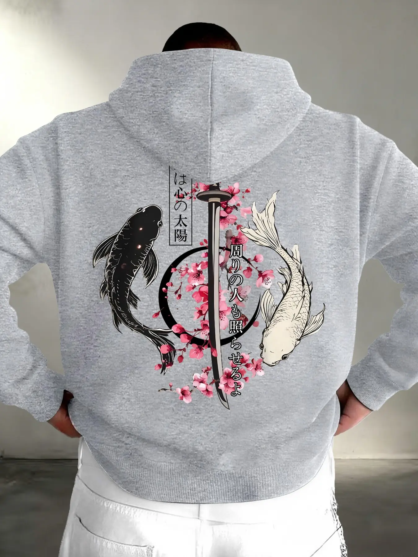 Men Oversized Drawstring Kangaroo Pocket Hoodie, Front Small Cherry Blossom Japanese Text Print & Back Yin Yang Koi Fish Katana Sakura Oriental Art Soft Loose Street Pullover For Dark Aesthetic Trend Outfit #OrientalHoodie #KoiFishPrint #JapaneseSakuraTop