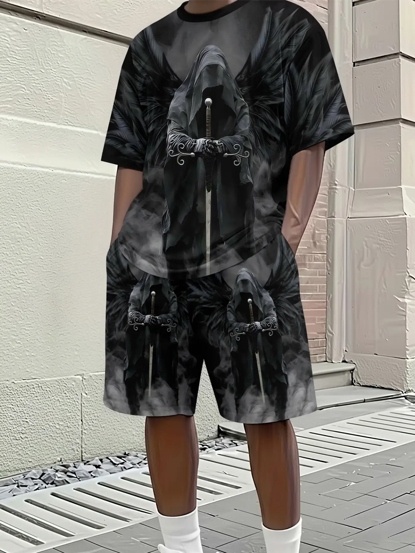 Men's 3D Digital Print Round Neck Short Sleeve Set, Dark Cyberpunk Style, Zipper Grim Reaper Print Two-Piece Set, Casual Outdoor Wear Top