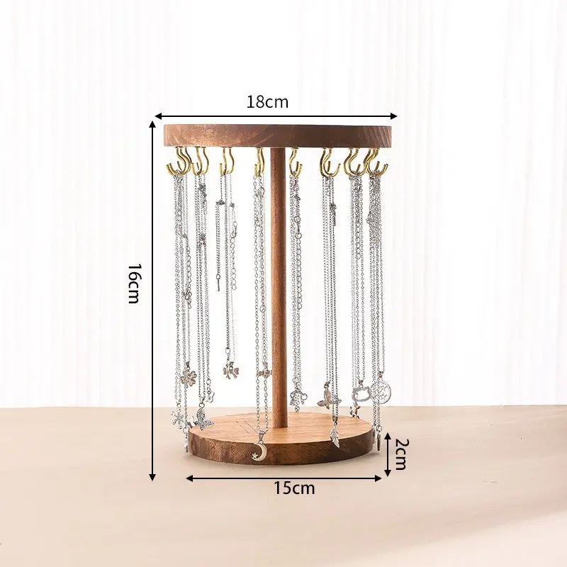 Vintage Round Wooden Necklace Display Stand, Rustic Solid Wood Luxury Design, Metal Hooks Prevent Knots, Stable Base, Ideal for Home & Jewelry Store, Organiser