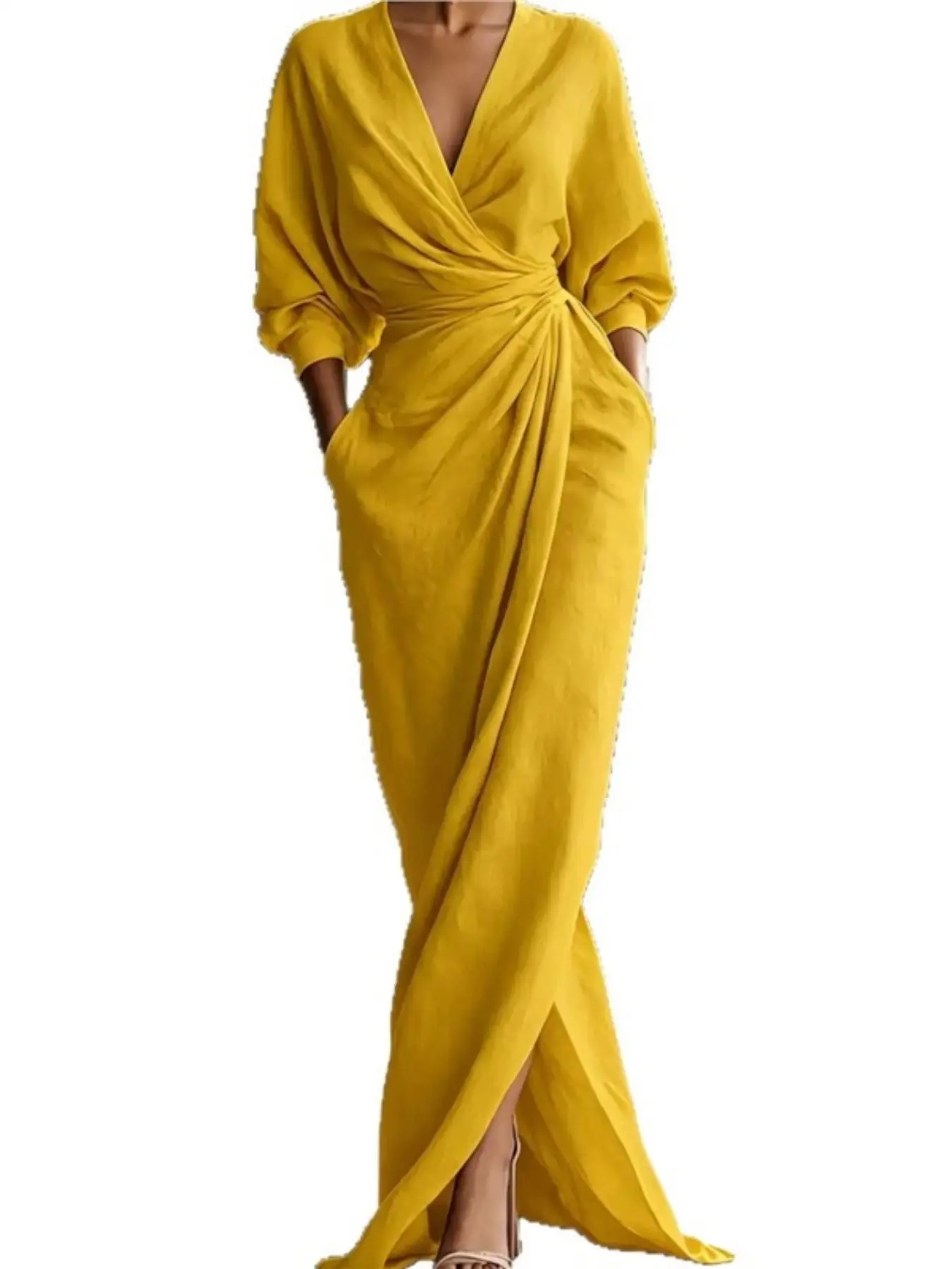 Women’s Elegant Deep V Neck Wrap Maxi Dress, Long Sleeve Ruched Waist, High Slit, Formal Wedding Guest, Cocktail Party, Evening Gown, Flowy Fall Dress, Elegance