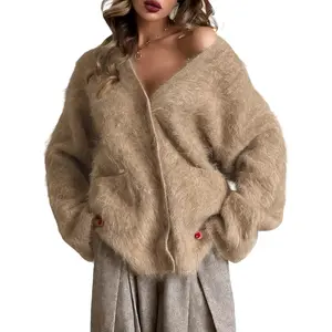 Arssm Women' s Fuzzy Cardigan Sweaters V Neck Fluffy Cardigan Long Sleeve Button Down Knit Furry Sweater with Pockets