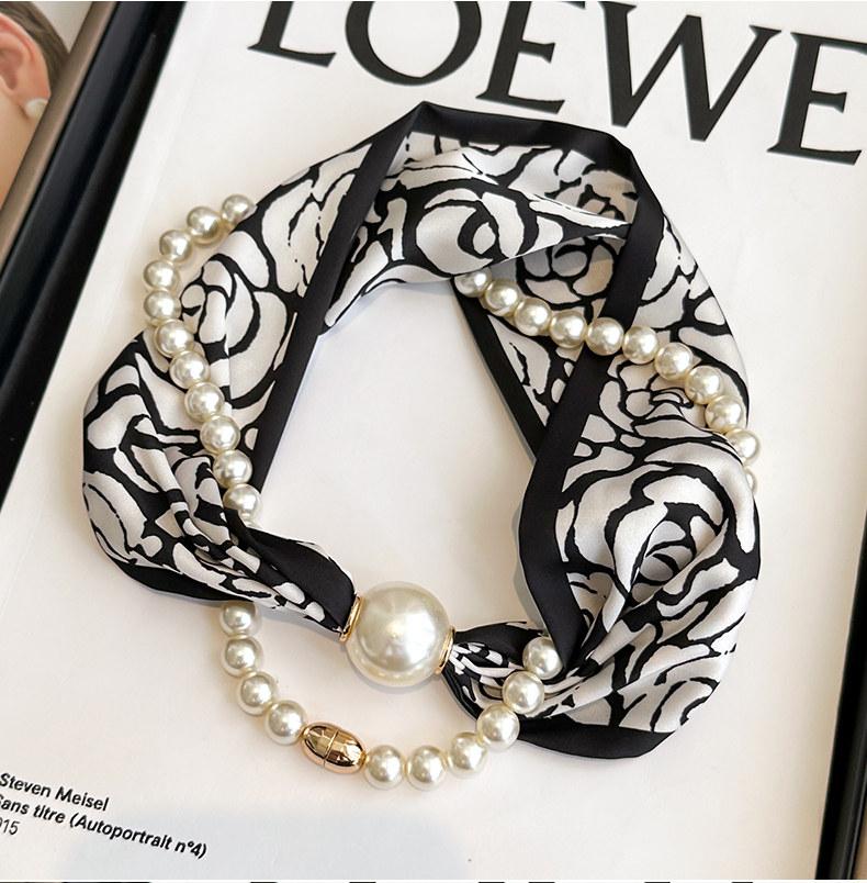 Boho Pearl Chain Scarf Necklace, Black White Rose Print Silk Scarf, Unique Neck Jewelry for Women Gift for Her