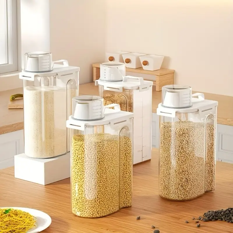 4-Pack Rice Storage Containers with Handles & Measuring Cups, Airtight BPA-Free Plastic Cereal & Grain Storage Jars, Kitchen Pantry Organizers for Flour, Beans, Oats, Dry Foods & Dog Food