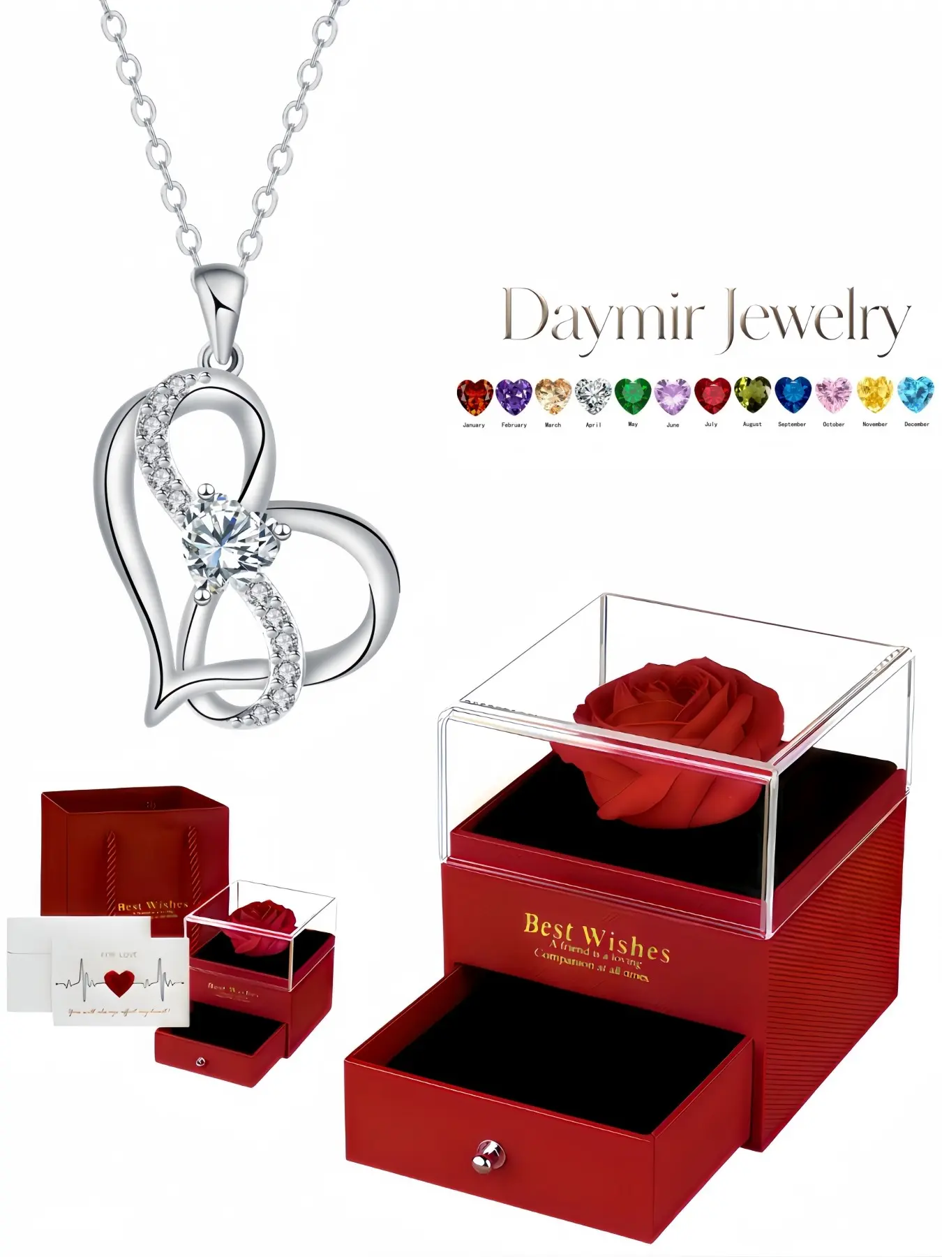 Bestseller "Double Heart Diamond Promise" Necklace, elegant premium heart gem pendant. Packaged in preserved rose jewelry box, a thoughtful gift for birthdays, Mother’s Day, Valentine’s Day and Christmas.