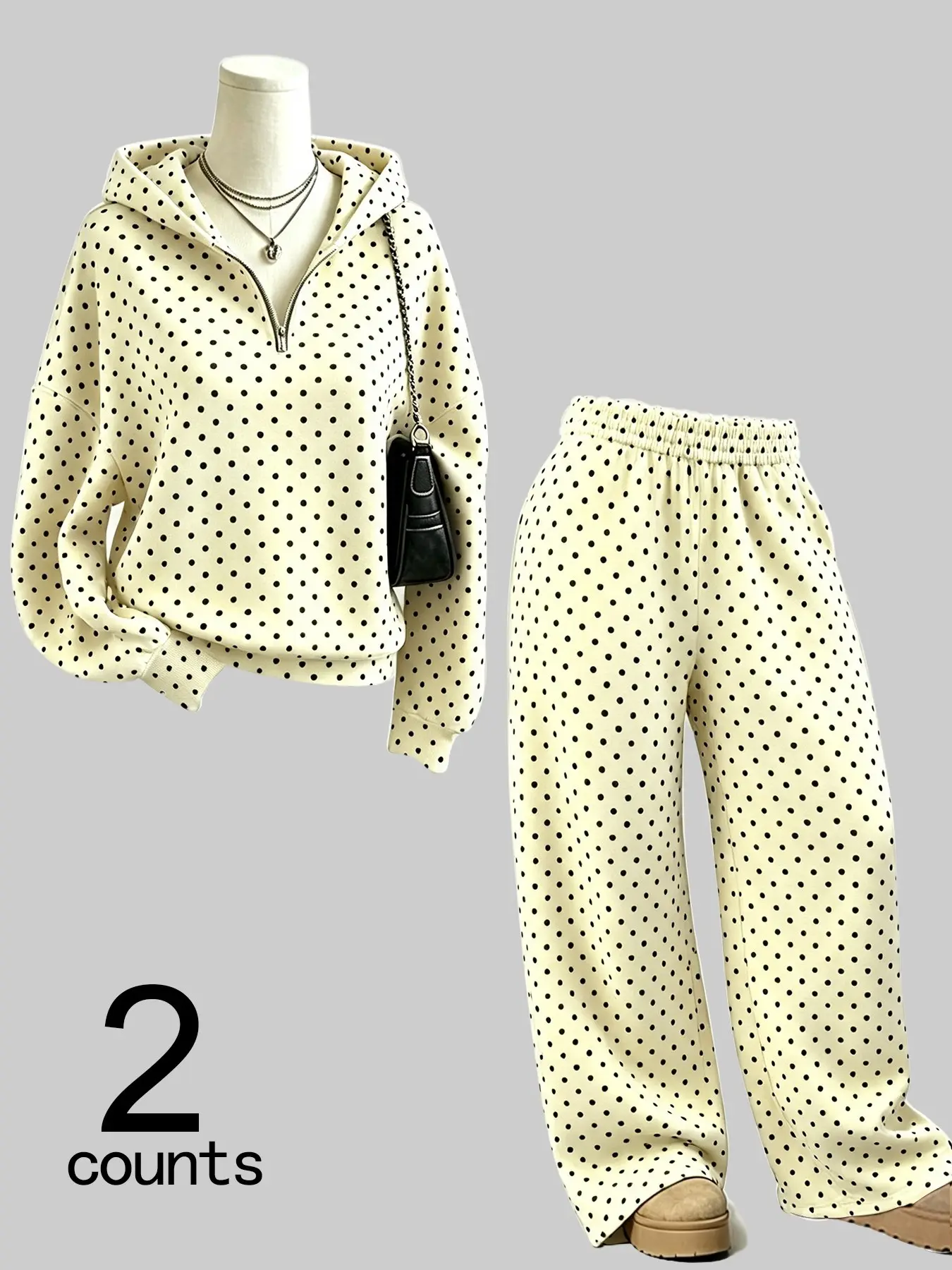 Women’s 2-Piece Pajama Set, Loose-Fit V-Neck Zip-Up Hoodie, Soft Fabric, Autumn & Winter, Casual Style, Comfortable Sleepwear