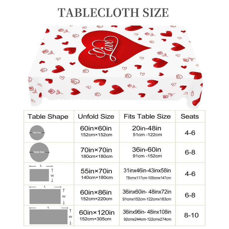 Valentine's Day Tablecloth Set Romantic Heart & Rose Pattern Embossed Edge 100% Polyester Machine-Woven Round & Square Covers for Home Kitchen Patio Solid Color Love Theme Decor