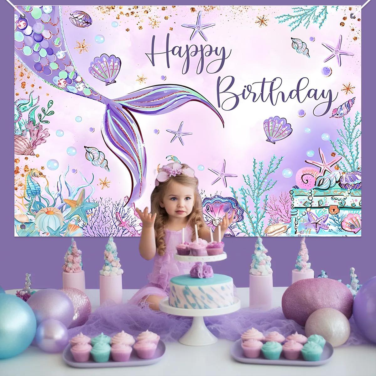 Mermaid Balloon Tablecloth Backdrop Set,109pcs Purple Shell Foil Balloon Mermaid Tail Birthday Decor ,Girls Mermaid Birthday Latex Balloon Decoration birthday party