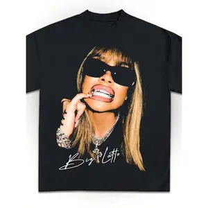 Vintage Grain Female Rapper Graphic Oversized Tee, Full Front Hip Hop Icon Portrait Hand Signature Crew Neck Short Sleeve Top, Rap Concert Casual Outdoor Daily Unisex T-Shirt For Men Women