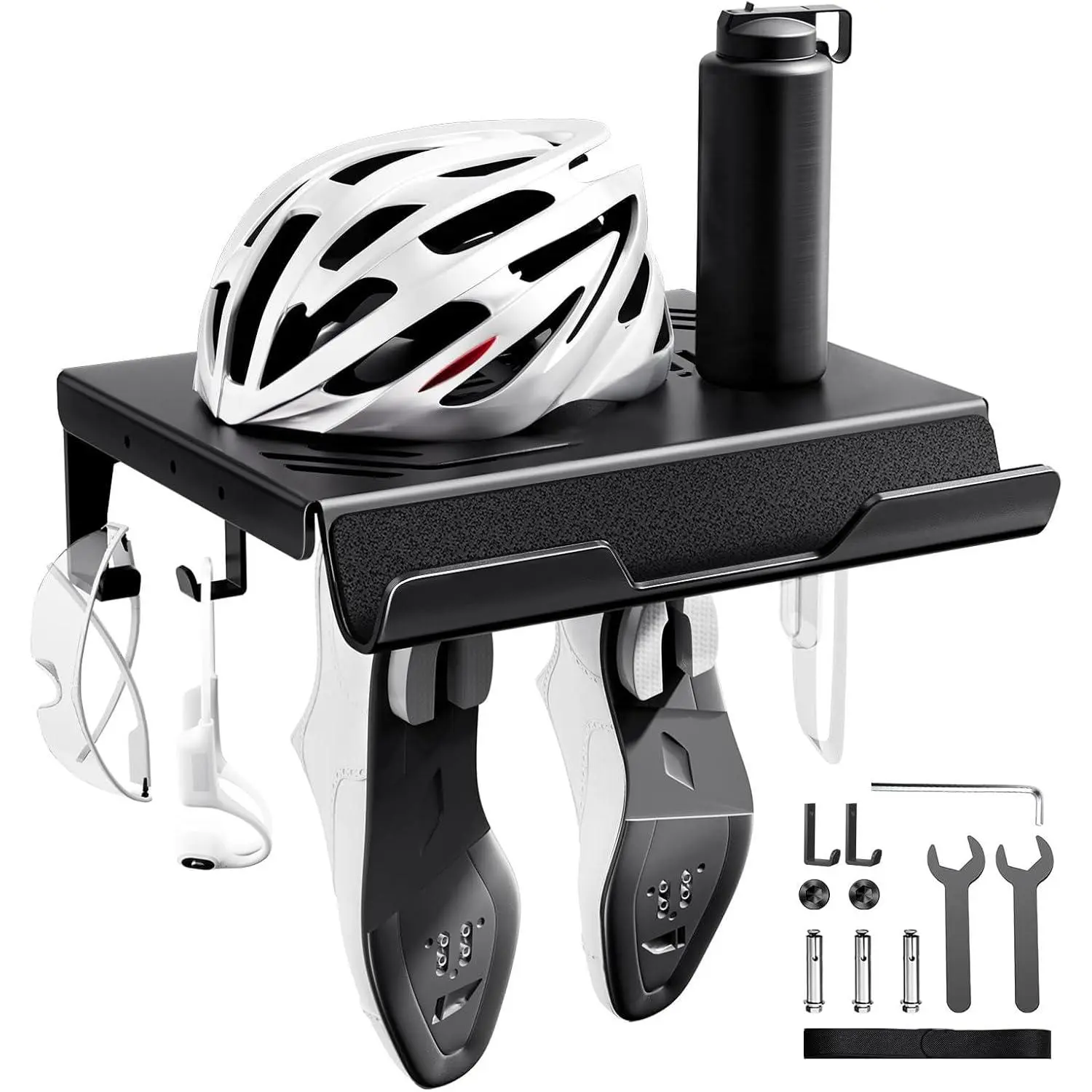 HAPBEAR Bike Wall Mount Rack with Shelf & 2 Adjustable Hooks-3mm Heavy Duty Galvanized Steel Indoor Bicycle Storage for Garage/Apartment-Fits Mountain & Road Bikes-Max 110lbs, Includes Wheel Strap