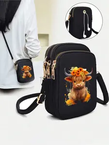 This charming highland cow-themed black casual and stylish mini handbag can be used as a phone bag, vertical coin purse, men's crossbody phone bag, shoulder bag, coin purse, or wallet. It is a lightweight,