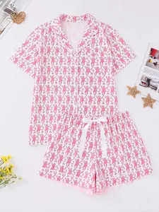 Women Cute Monkey Print Pajamas, Notched Lapel Short Sleeve Shirt, Chest Pocket, Elastic Waist, Soft Fabric, Casual Loungewear, Multi Colors