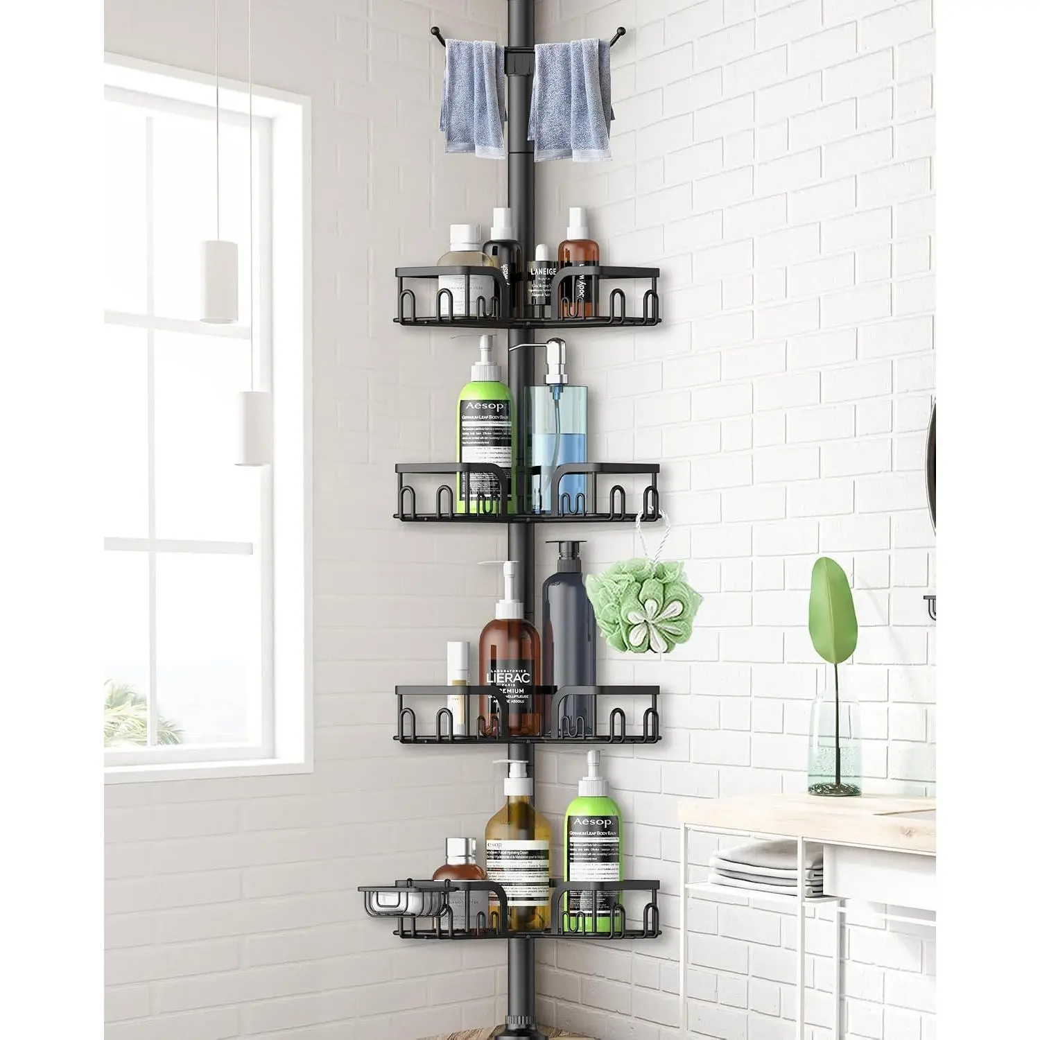Corner Shower  Tension Pole 4 Tier Adjustable Stainless Steel Shower Shelf for Inside Shower Bathtub Shampoo,Standing Bathroom Organizer Shelves with 26 to 120 inch Height