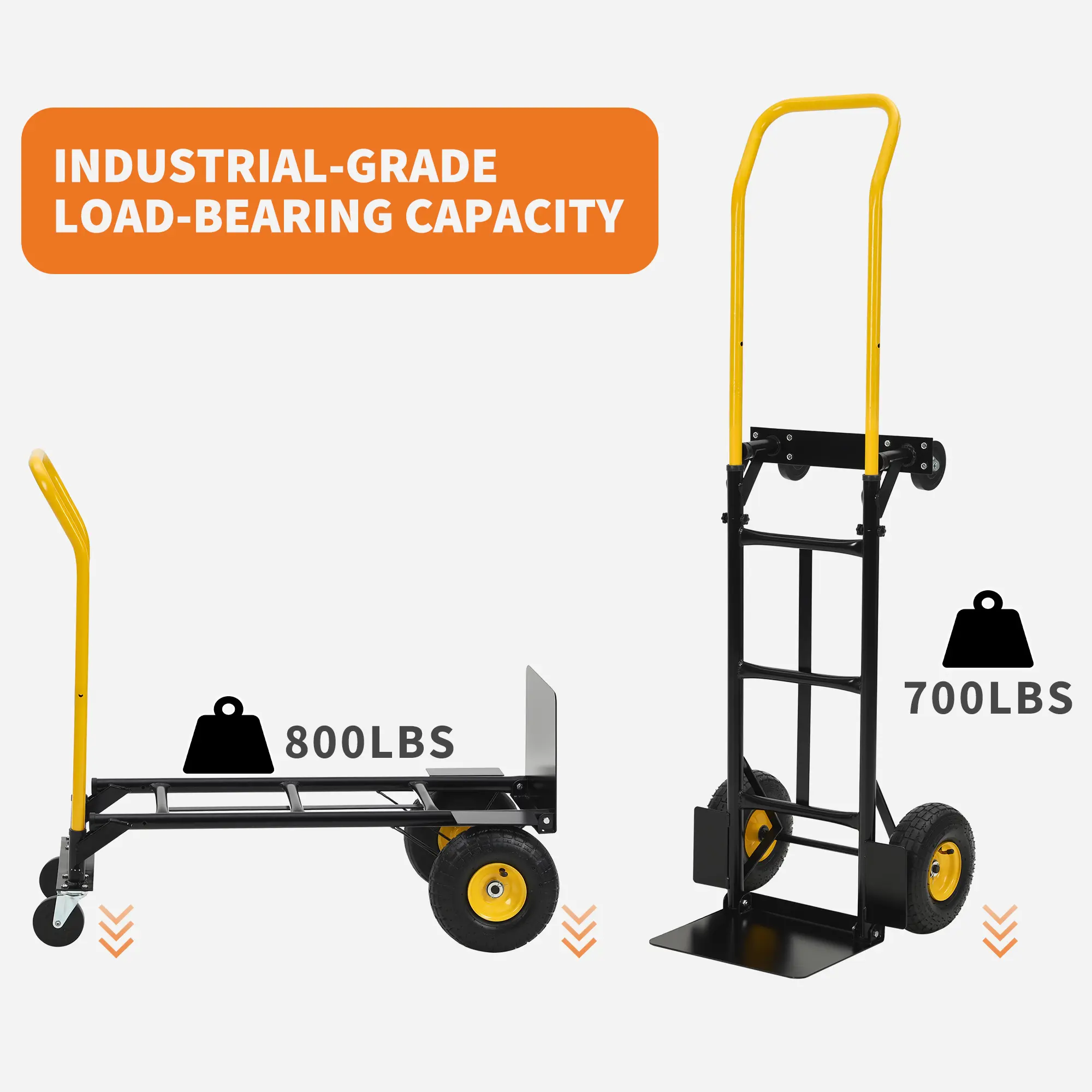 Heavy Duty 2-in-1 Hand Truck & Dolly Cart, 800LB Capacity Convertible Flat Bed Cart with Non-Flat Wheels for Moving & Warehouse
