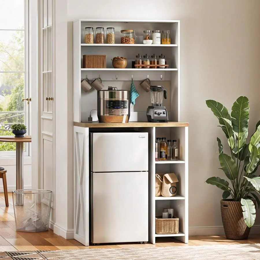 6-Tier Modern Home Decor Floor-Standing Engineered Wood Bakers Rack with Power Outlets, Shelf, Hooks, Easy Setup - Multi-Functional Storage for Mini Fridge, Microwave in Home Dorms