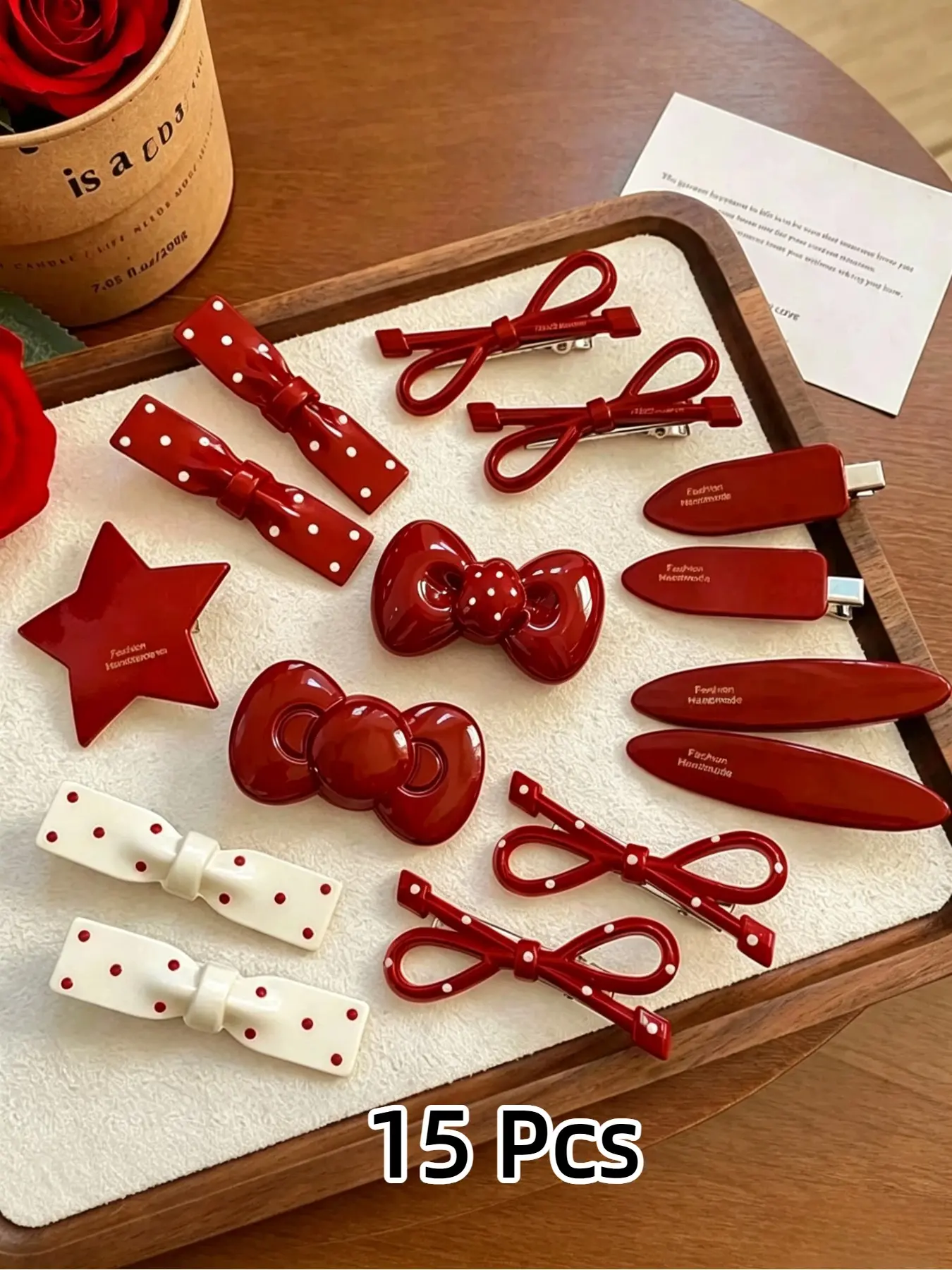 15Pcs Angola Red Hair Clips,Cute Polka Dot Bow Design Seamless Hair Clips,Bangs Clip, Makeup Clip, Fringe Clip, For Girl, Hair Styling Clips