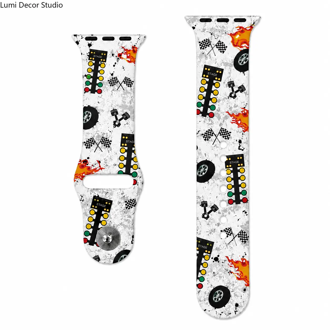 Racing Flag Silicone Watch Band - Checkered Flag Flame Print Adjustable Strap for Smartwatches, Motorsport Outfits and Daily Wear