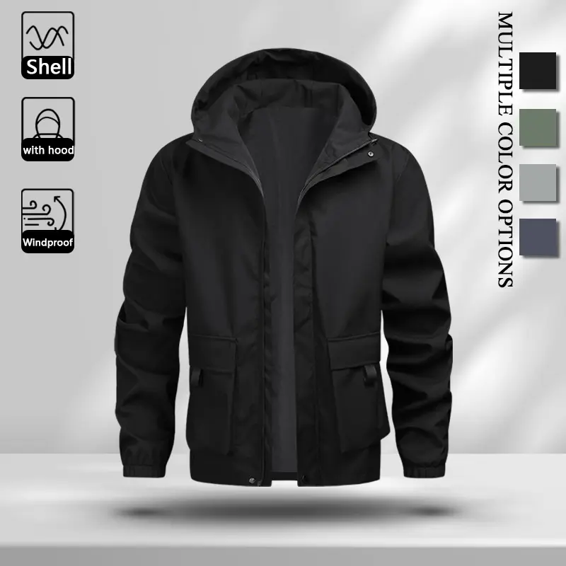 Multi Color Mens Hooded Windproof Outer Jacket, Minimal Solid Tone Full Zip Shell Coat, Spacious Cargo Storage Pockets Relaxed Fit Windbreaker for Teen & Adult Daily Outdoor Wear