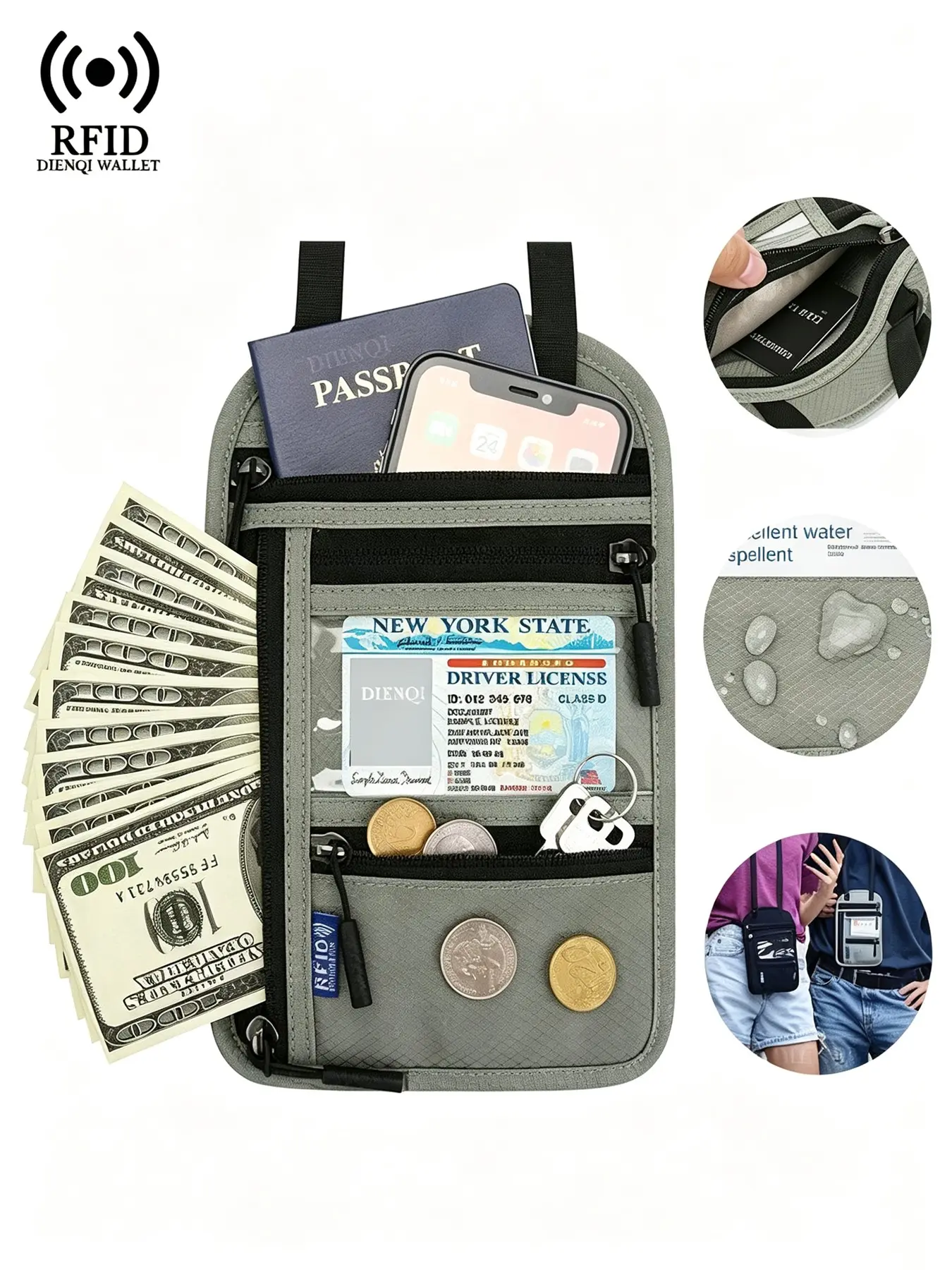 RFID Blocking Anti-Theft Travel Neck Wallet, Waterproof Passport Holder, Multi Zipper Pockets, Crossbody Pouch, Money Phone Bag