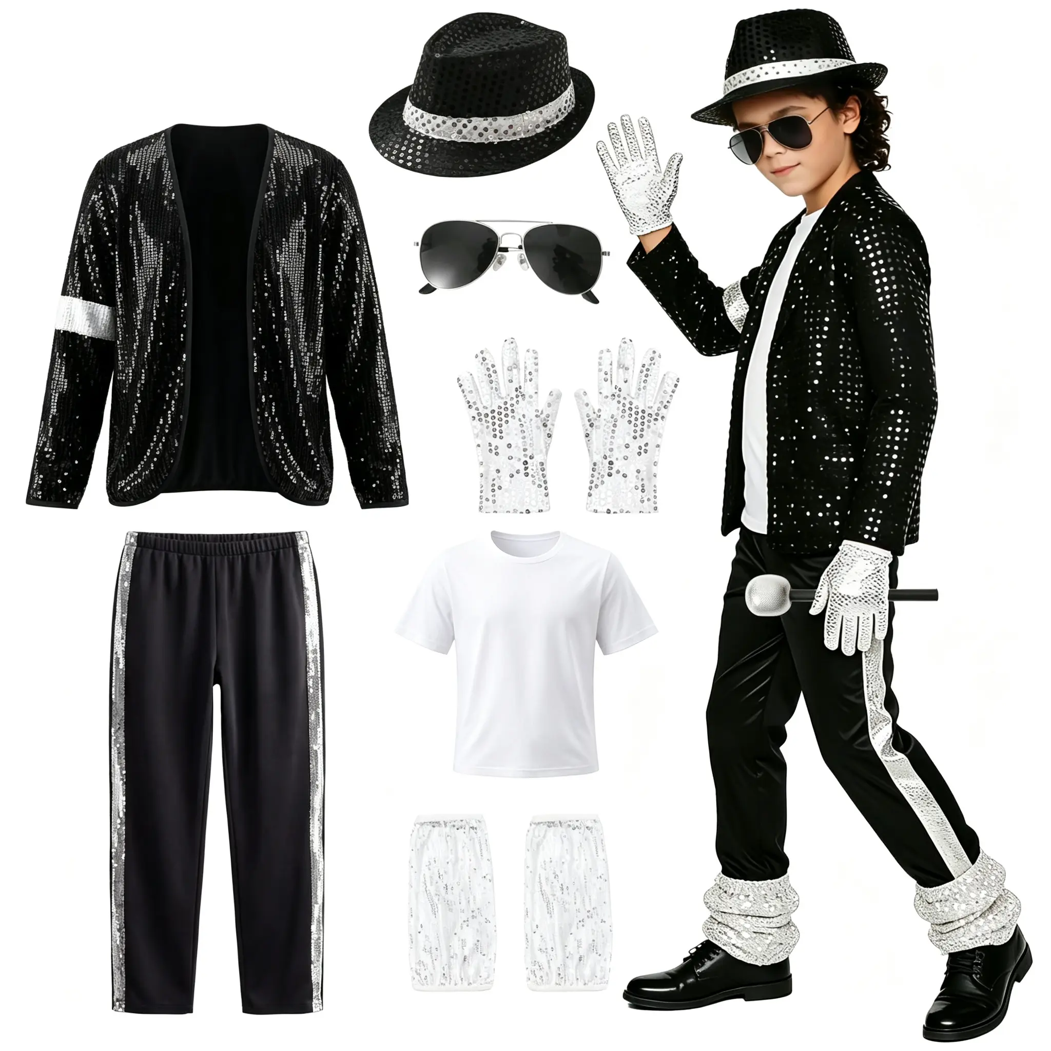 Boys 7-Piece Halloween Costume Set - 80s 90s Retro Dance Disco Cosplay Outfit mj