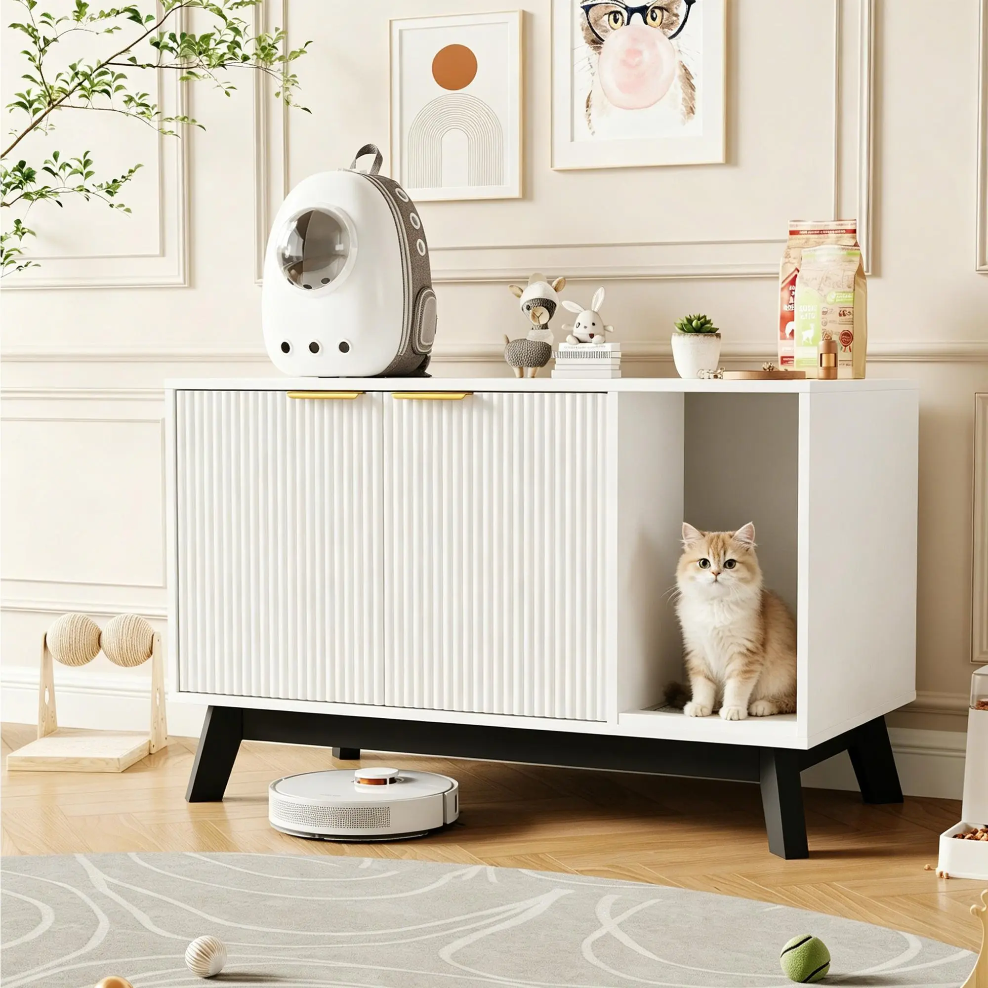 Modern Hidden Cat Litter Box Furniture - 39" Enclosure with Litter Mat and Ventilated Holes - Stylish Indoor Cat House and Side End Table for Living Room - Color: White or Black