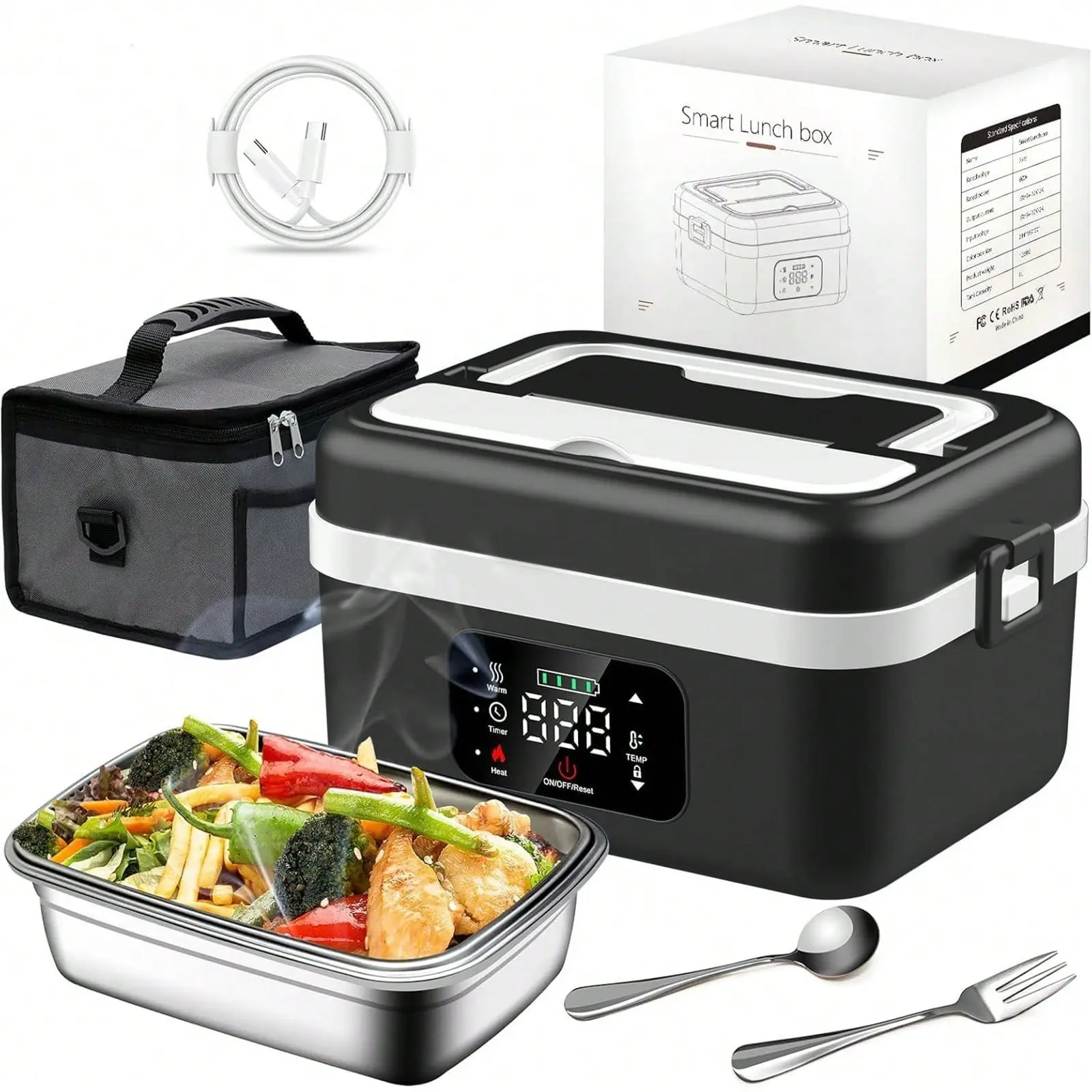 Portable Heated Lunch Box, 1L Stainless Steel Container, 8000mah Battery Powered, Ideal for Home, Car, Work, School, Camping, Unisex Gift