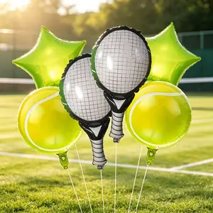 8-piece tennis-themed sports balloon bundle, including racket-shaped, light green tennis ball-shaped, and green star-shaped foil balloons, suitable for tennis-themed birthday parties, tennis event decorations, club activity setups