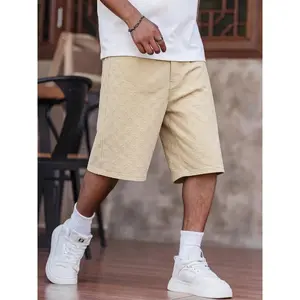 Men's High Cotton Full Body Embossed Floral Cross Denim Jorts, Oversized Relaxed Knee Length Denim Bermuda Shorts, Y2K Hip Hop Trendy Solid Color Casual Summer Shorts for Street Fashion Outfits summerwins