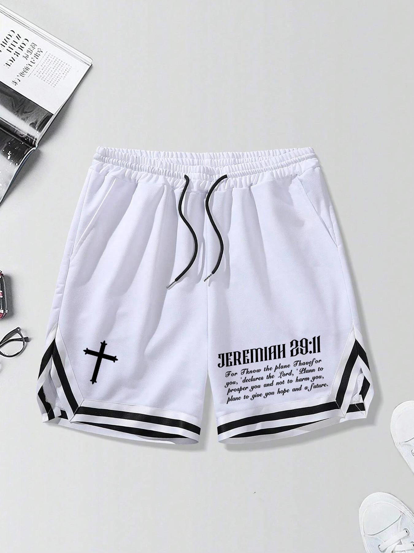 Men's Cross & Letter Print Drawstring Baggy Shorts, Loose Casual Streetwear Striped Trim Elastic Waist Pocket Track Shorts Polyester for Summer, Fashion Men's Baggy Bottoms for Daily Wear