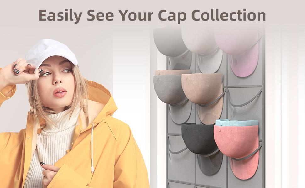 Grey Hat Organizer Racks for Baseball Caps, 24 Deeper Pockets Baseball Hat Rack, Cap Rack, Hat Rack for Door with 3 Hooks