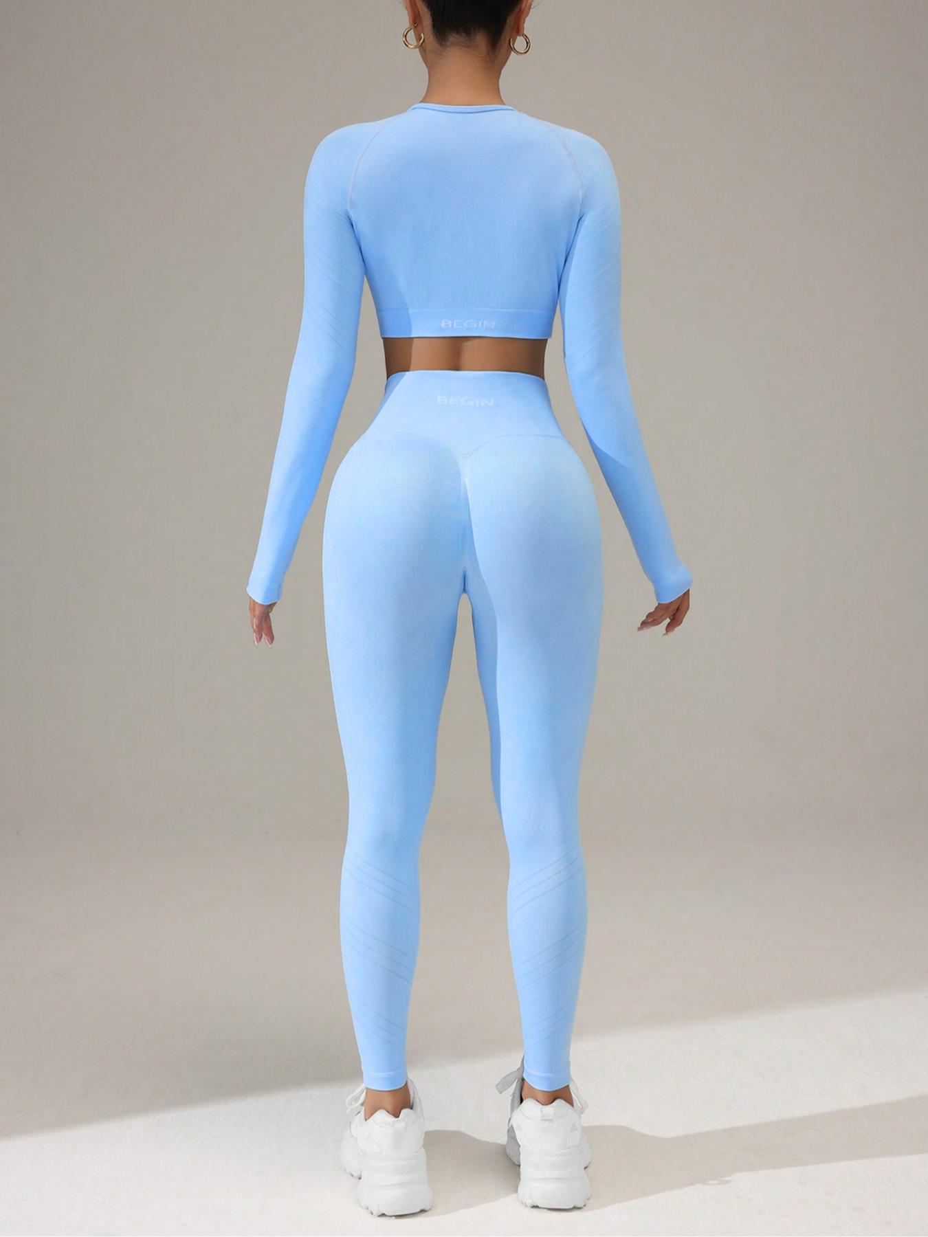 Two-Piece Set Women's Solid Raglan Sleeve Crop Tee & High Waist Leggings Tracksuit Set, Sporty Breathable Comfy Outfits for Yoga Gym Workout Running, Ladies Sportswear for All Seasons