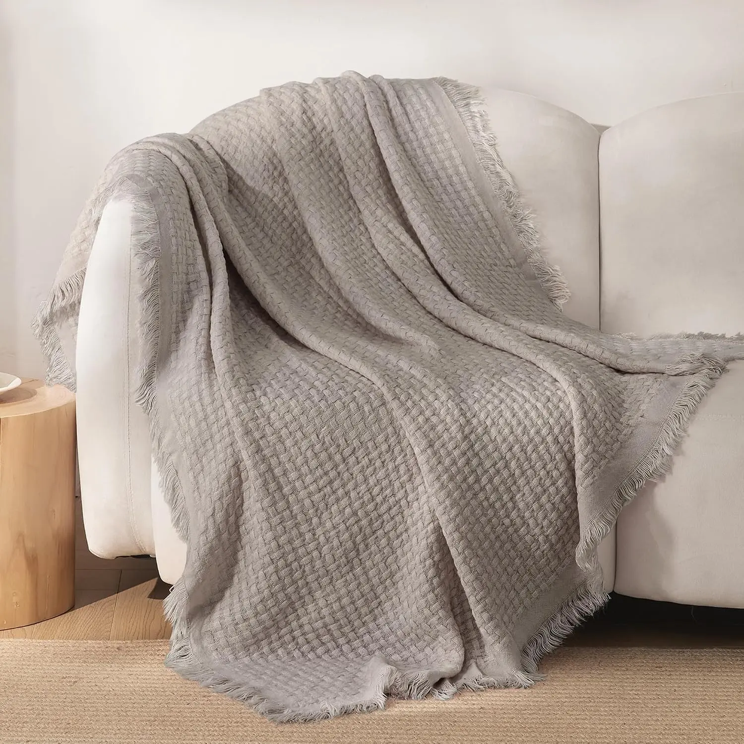 Modern Fringed Edge Knit Throw Blanket - 50"x60" Taupe, Reversible Super Soft Warm for Home Interior Couch Lounge Cozy Vibe Decor