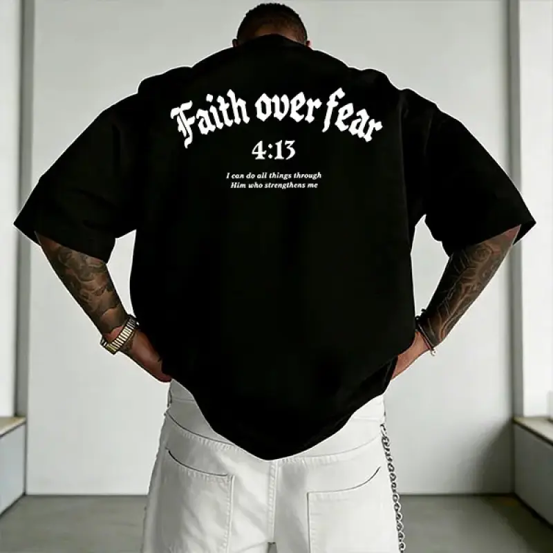 Men's Faith Over Fear Graphic T-Shirt, Casual Short Sleeve Christian Streetwear Top with Inspirational Scripture Print and Back Text, Menswear, Fashion, Inspirational Quotes, Simple, Round Neck, Stylish, Crew Neck, Cotton Fabric, Church Events, Faith Enth