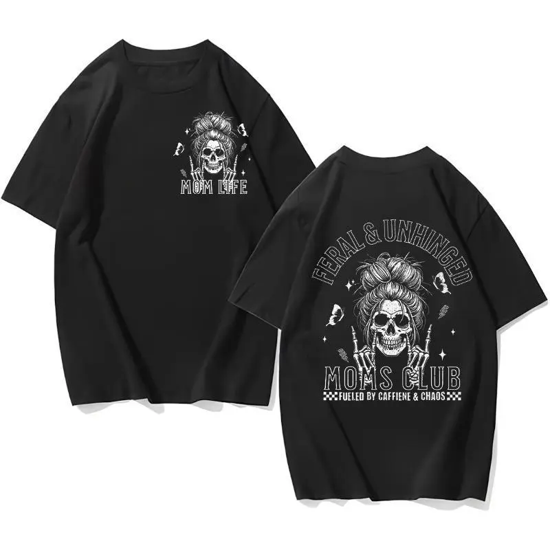 Casual Graphic T-Shirt for Women, Feral & Unhinged Mom Humor Print, 100% Cotton Lightweight Seamless Shortsleeve Top, Smooth, Tshirt, Graphics, Round Neck, Fabric, Soft, Solid, Foldable, Machine Washable