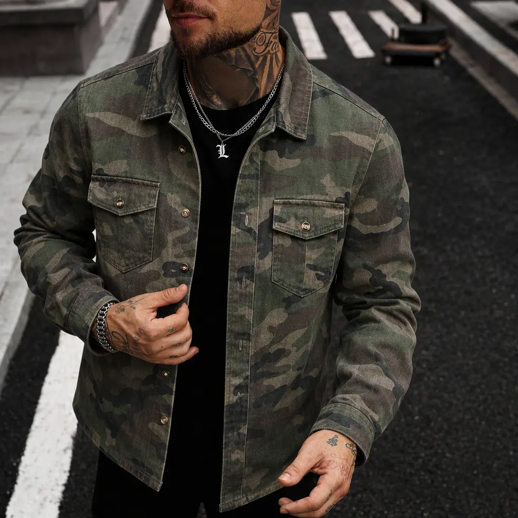 Men's Camouflage Denim Jacket, Long Sleeve Button Front Shirt Jacket with Point Collar and Dual Flap Chest Pockets, Easy Layer for Casual Days, Weekend Trips, Urban Streetwear and Everyday Men's Outfits,sohochic