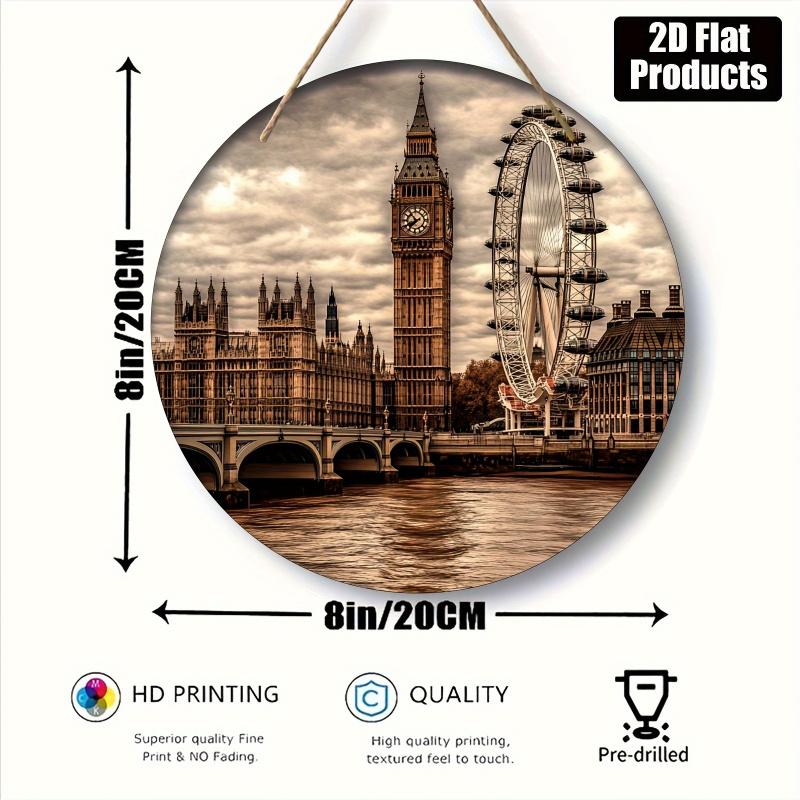 1PC London Theme Round Wooden Wall Art - Suitable for Bars, Kitchens, Cafes, Homes, Office Decorations - Includes Big Ben and London Eye, Perfect for Parties and Holiday Gifts, Office Decorations| London Skyline Art| Durable Wooden Picture Frame, London W