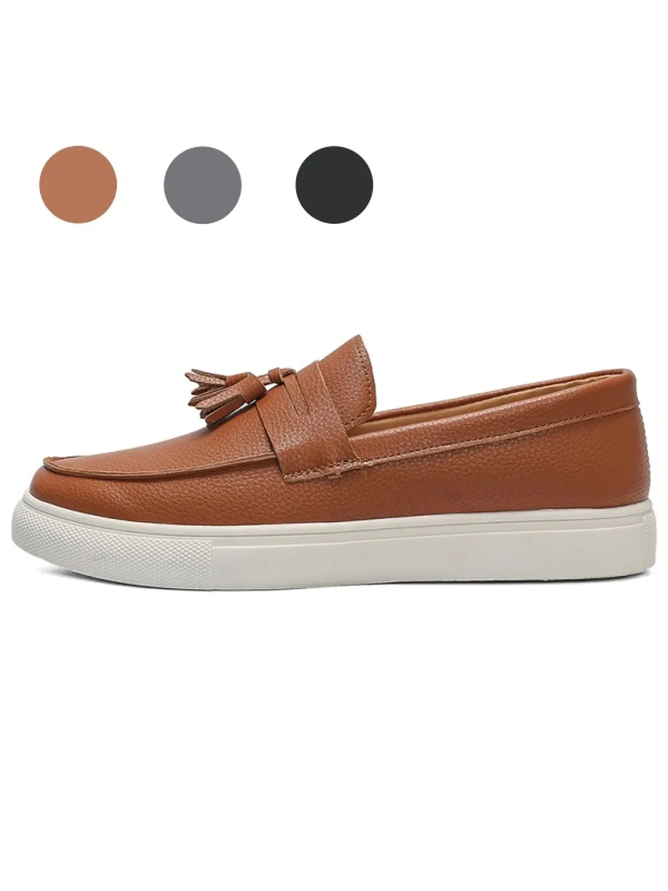 Multi-Occasion Black Grain Leather Tassel Slip-On Platform Loafers, Anti-Slip Wearproof Rubber Sole For Commute Home Wedding Date All Season Use