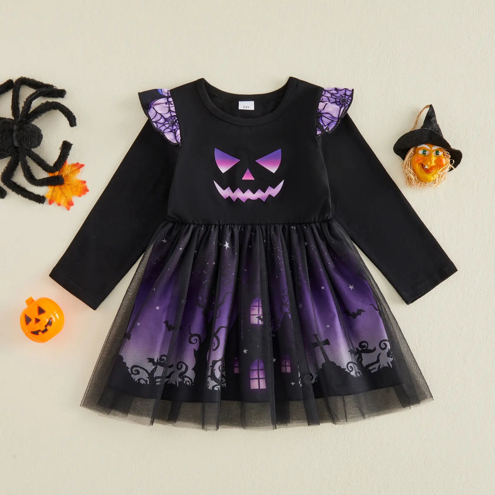Canrulo Toddler Baby Girls Halloween Tulle Dress Pumpkin Face Print Long Sleeve Ruffle Shoulder Haunted House Bat Pattern Party Costume Dress 18M‑5T