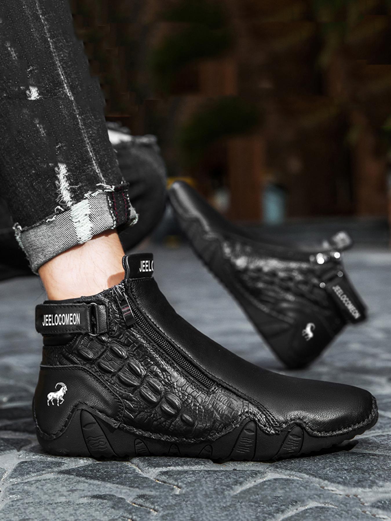 Men's Fashion Ankle Boots, Fashionable Boots, Animal Print, Side Zipper Design, Casual Comfortable Outdoor Shoes, All Season Wear, Trendy and Versatile