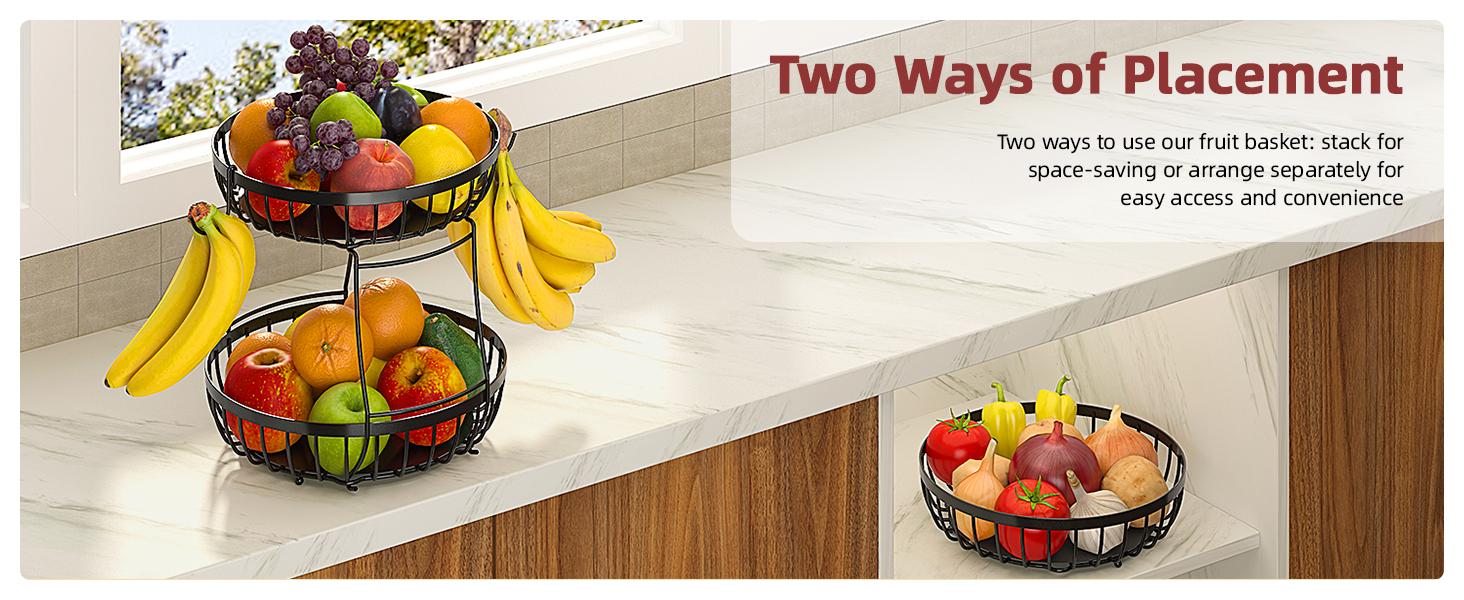 2 Tier Large Fruit Basket for Kitchen Counter with 2 Banana Hangers, Metal Stackable Fruit Bowl for Kitchen Counter for Bread Vegetable Fruits, Black