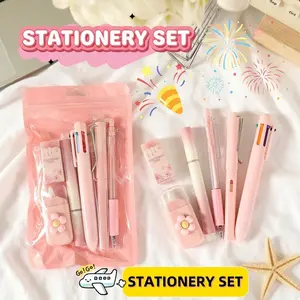 Cartoon Stationery Set, 6-Piece High-Value Learning Gift, Includes Neutral Pen, Eraser, Six-Color Ballpoint Pens, Ideal for Office & School
