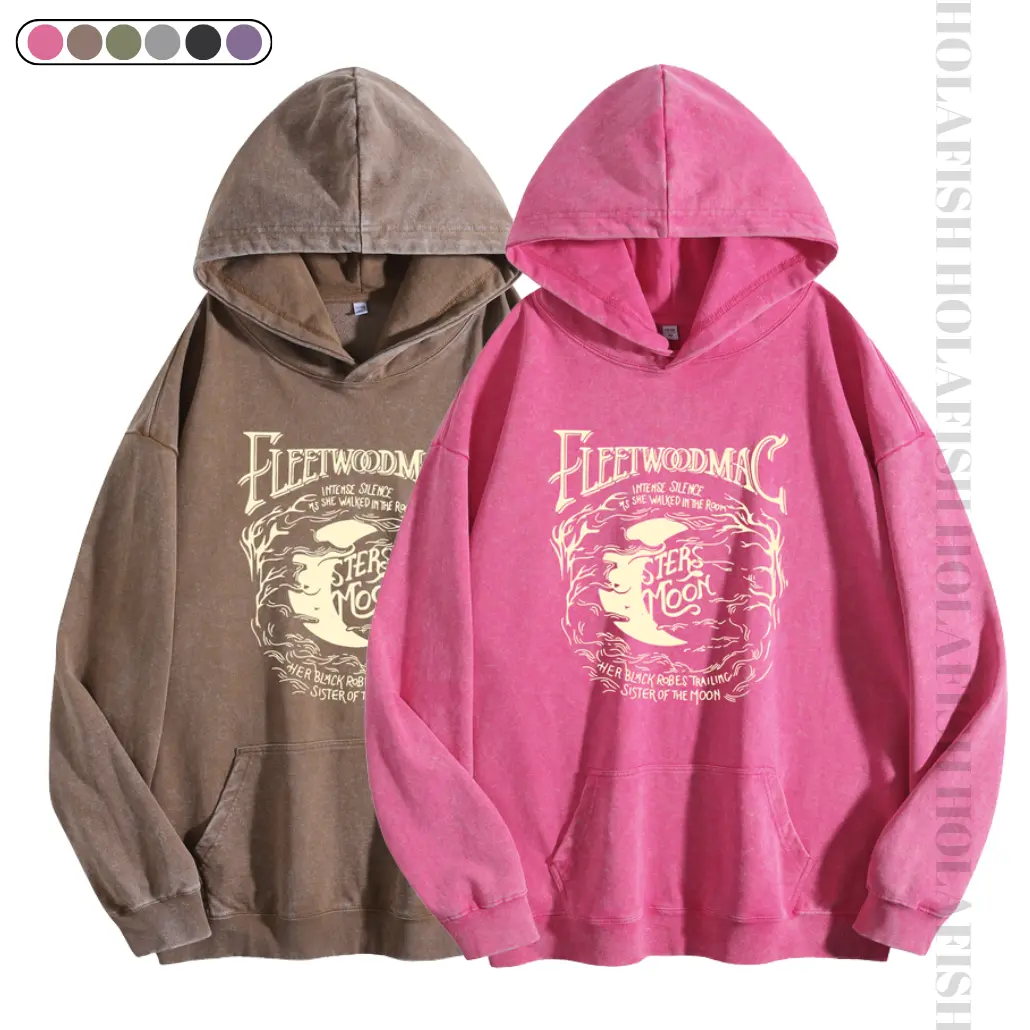 Holafish 2026 Women's Moon Print Acid Wash Hoodie Vintage Sweatshirt Oversized Loose Fit Winter Warm Streetwear Casual Tunic New Color