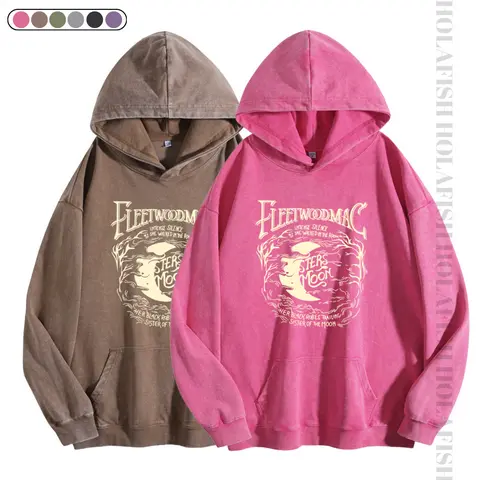 Holafish 2026 Women's Moon Print Acid Wash Hoodie Vintage Sweatshirt Oversized Loose Fit Winter Warm Streetwear Casual Tunic New Color