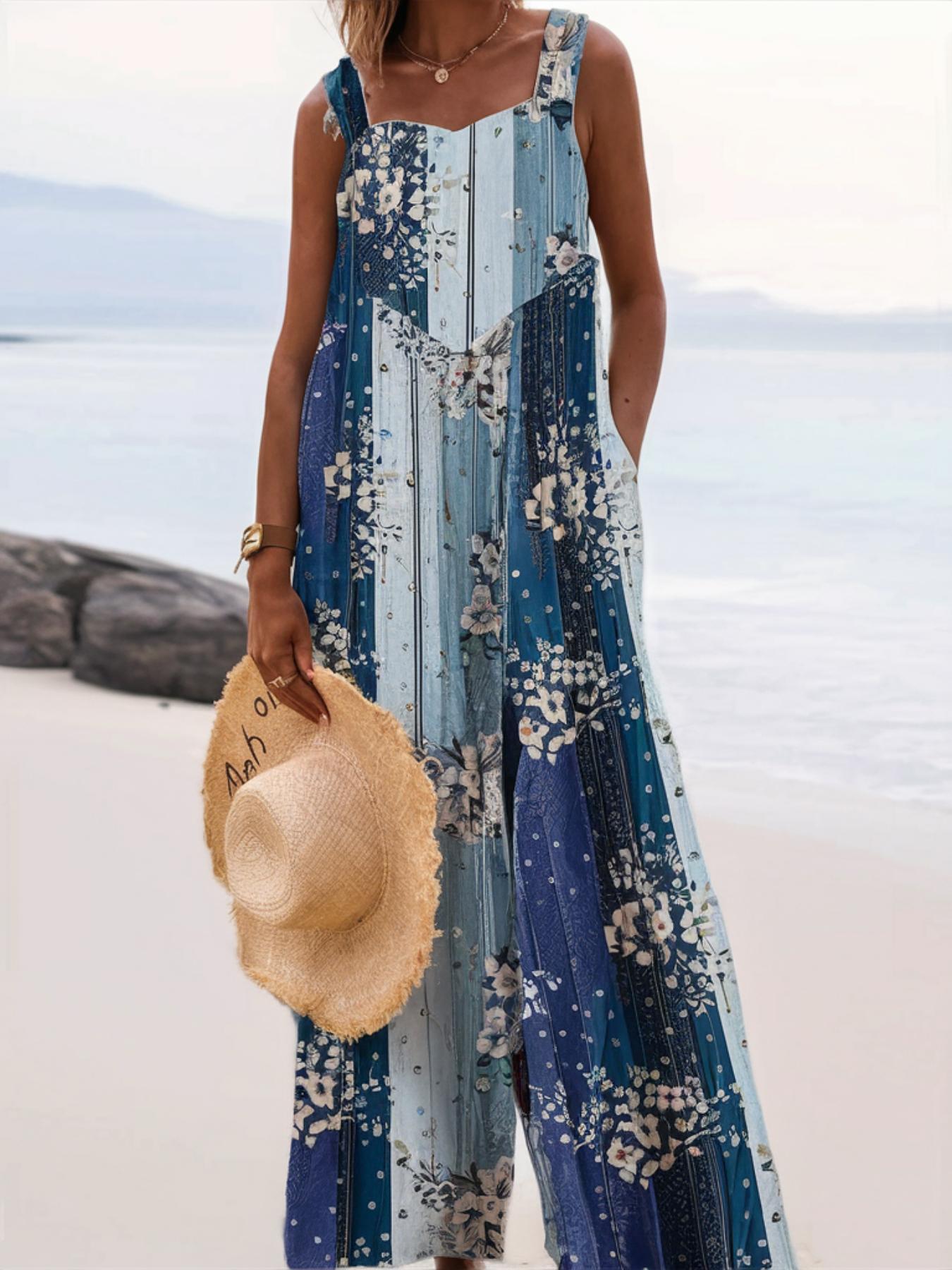 Plus Size All Over Print Floral Button Design Overall Jumpsuit, Boho Casual Sleeveless Wide Leg Jumpsuit for Beach Holiday Vacation, Women's Clothes for Summer