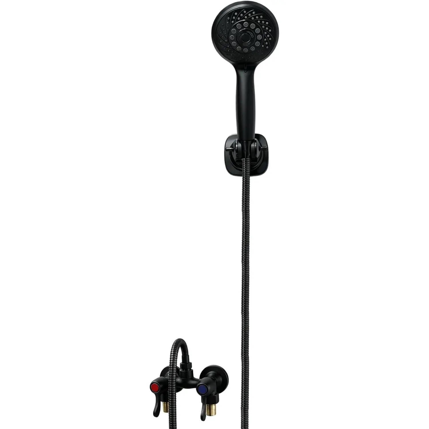 Dual Handle Solid Brass Outdoor Shower Kit Fixture, 4 Inch Center Mix Valve with 59 Inch Hose and Showerhead, 6 Spray Mode ABS Handheld Outdoor Shower System, Matte Black