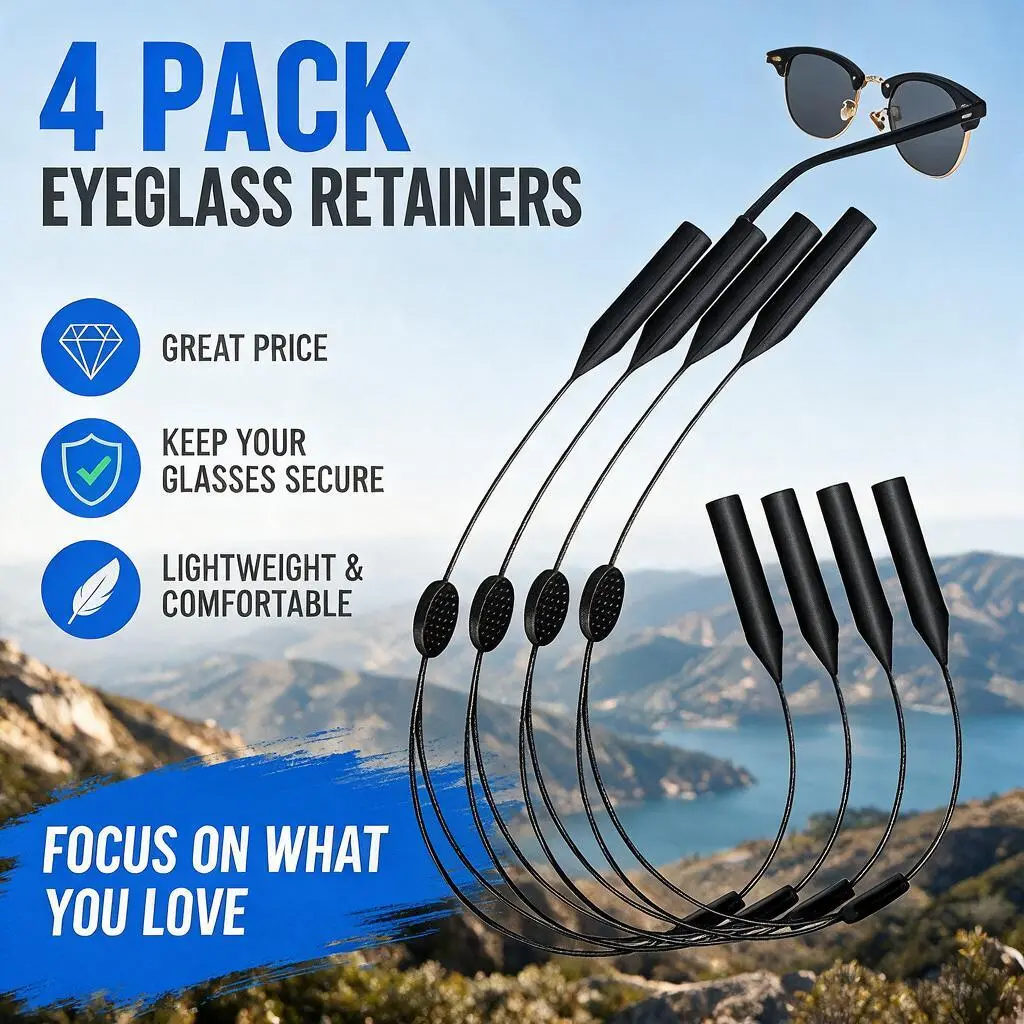 4 Pack Adjustable Eyeglass Retainers, Sports Glasses Strap Holder with Anti-Slip Silicone Ends, Lightweight Sunglass String Lanyard for Men and Women, Universal Fit