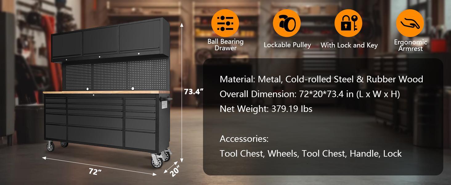72-inch Rolling Tool Chest Cabinet Garage Workbench with 15 Storage Drawers and Wheels, 3 Upper Cabinet, Pegboard, Steel Large Tool Box for Garage Workshop, Matte Black