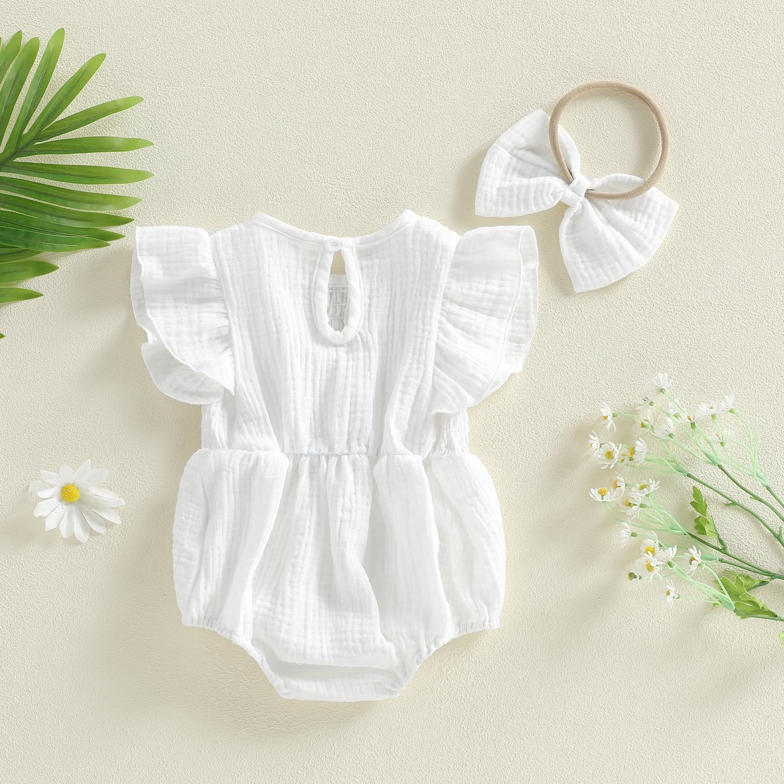 Newborn Baby Girl Romper Ruffle Sleeve Solid Smocked Bubble Romper Jumpsuit Bow Headband Cute Infant Summer Clothes