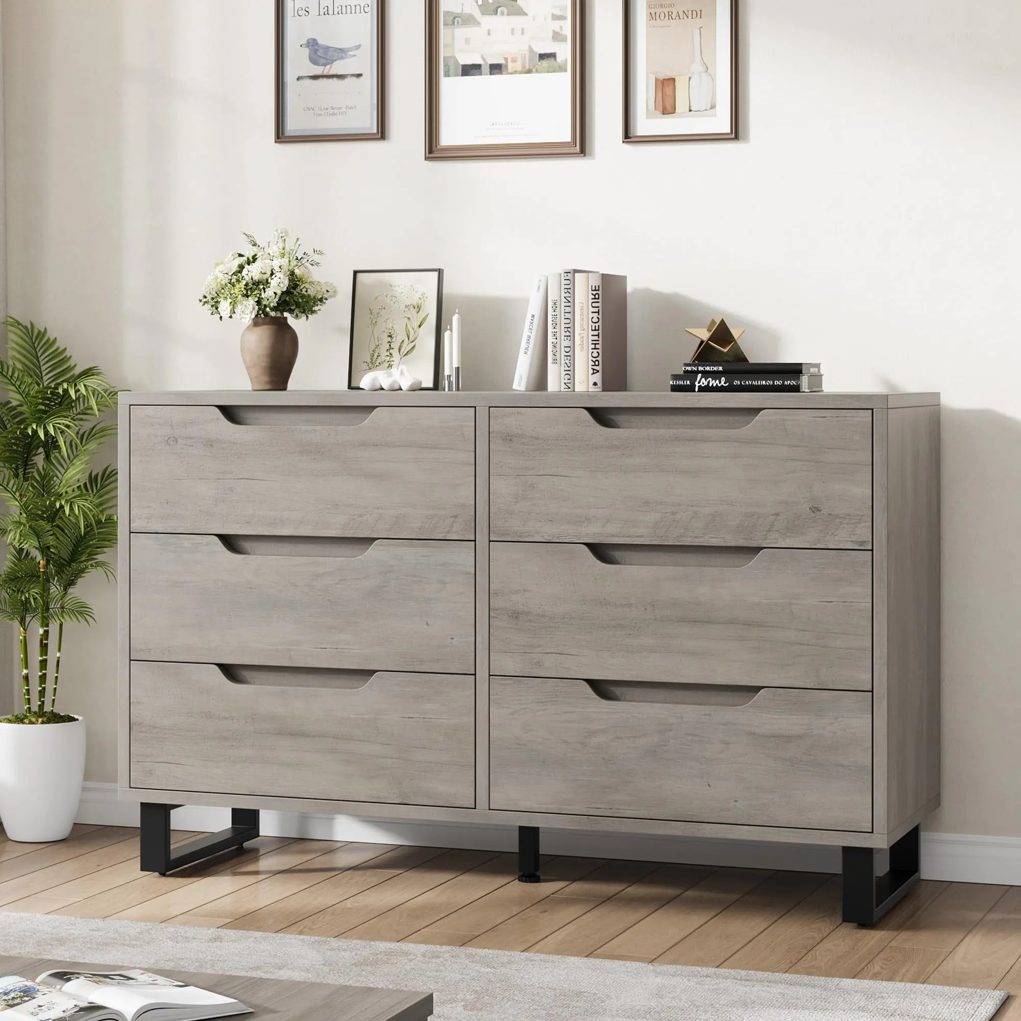 Garvee 6 Dresser for Bedroom, 47.2" Wide Dresser, Freestanding Vertical Drawer Cabinet with Storage, Wooden Closet Storage Chest for Living Room, Hallway, Entryway, Ash Grey