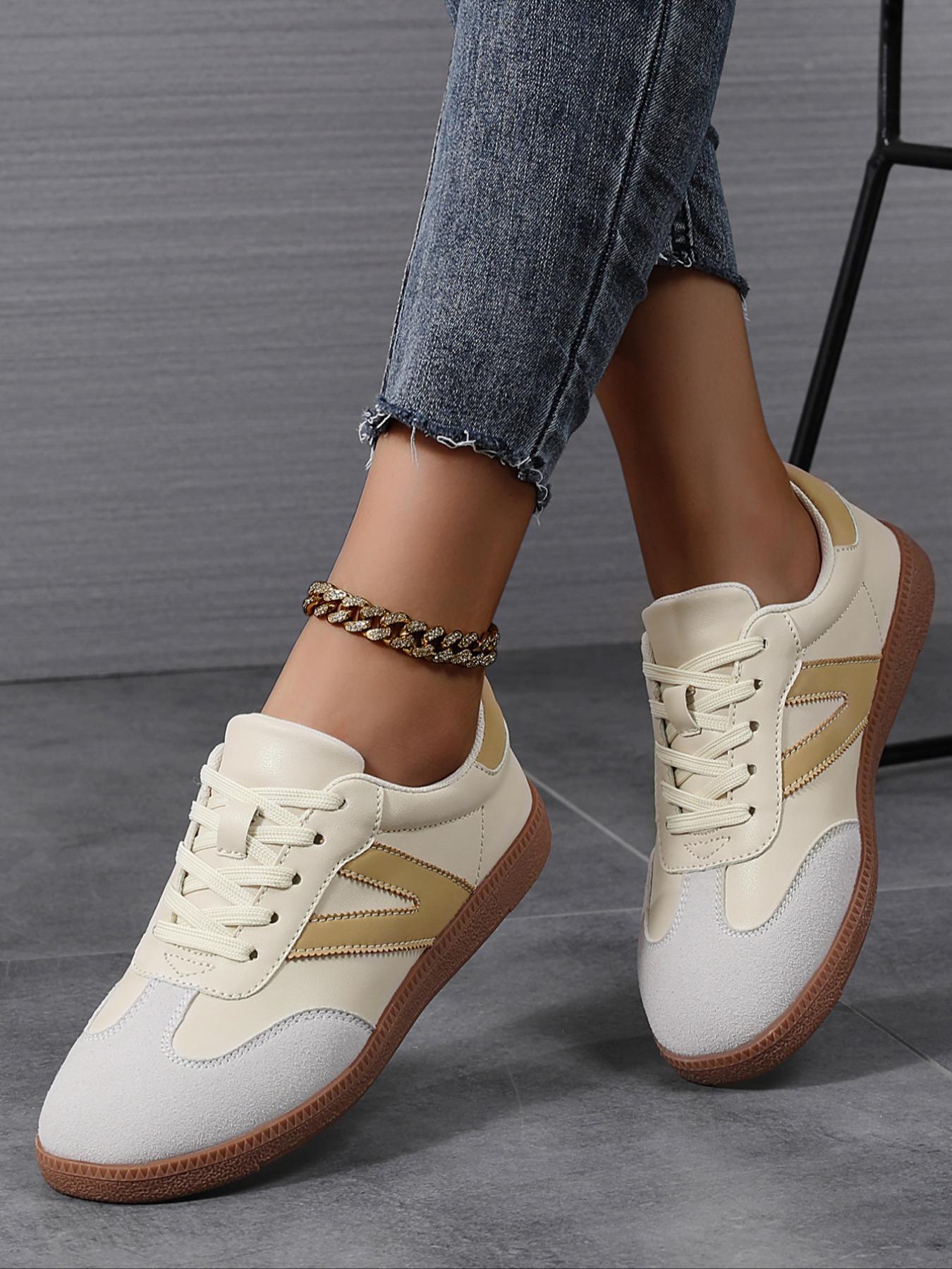 Women's Fashionable Lace Up Contrast Binding German Trainers Low Top Trainer, Casual Breathable Comfortable Sports Training Shoes, All-match Basic Shoes for Daily Wear